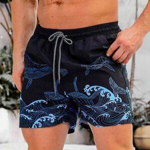 Manfinity Swimmode Men Wave Print Drawstring Waist Swim Trunks
